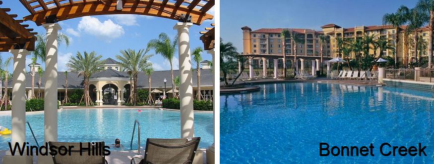 windsor hills pool compared with Bonnet Creek pool and condos overlooking pool