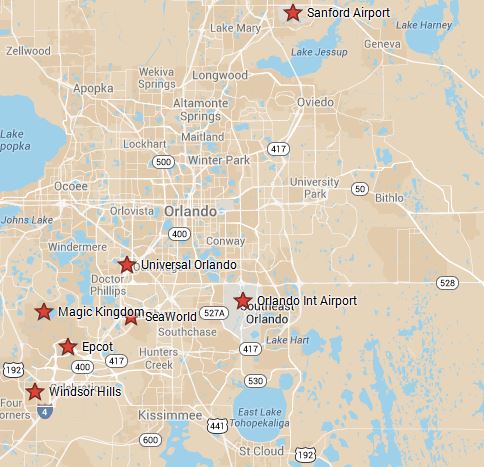 Windsor Hills location in relation to orlando attractions and airports