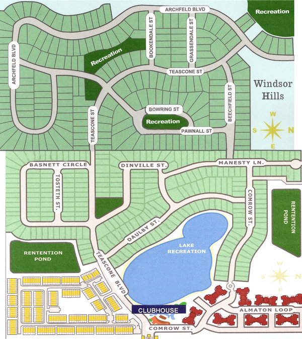 map showing all key features and street names in Windsor Hills